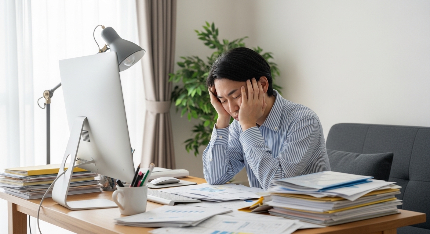 散らかったリビングで仕事をしている人。テーブルには仕事の書類と生活用品が混在し、疲れ切った表情でパソコンに向かっている