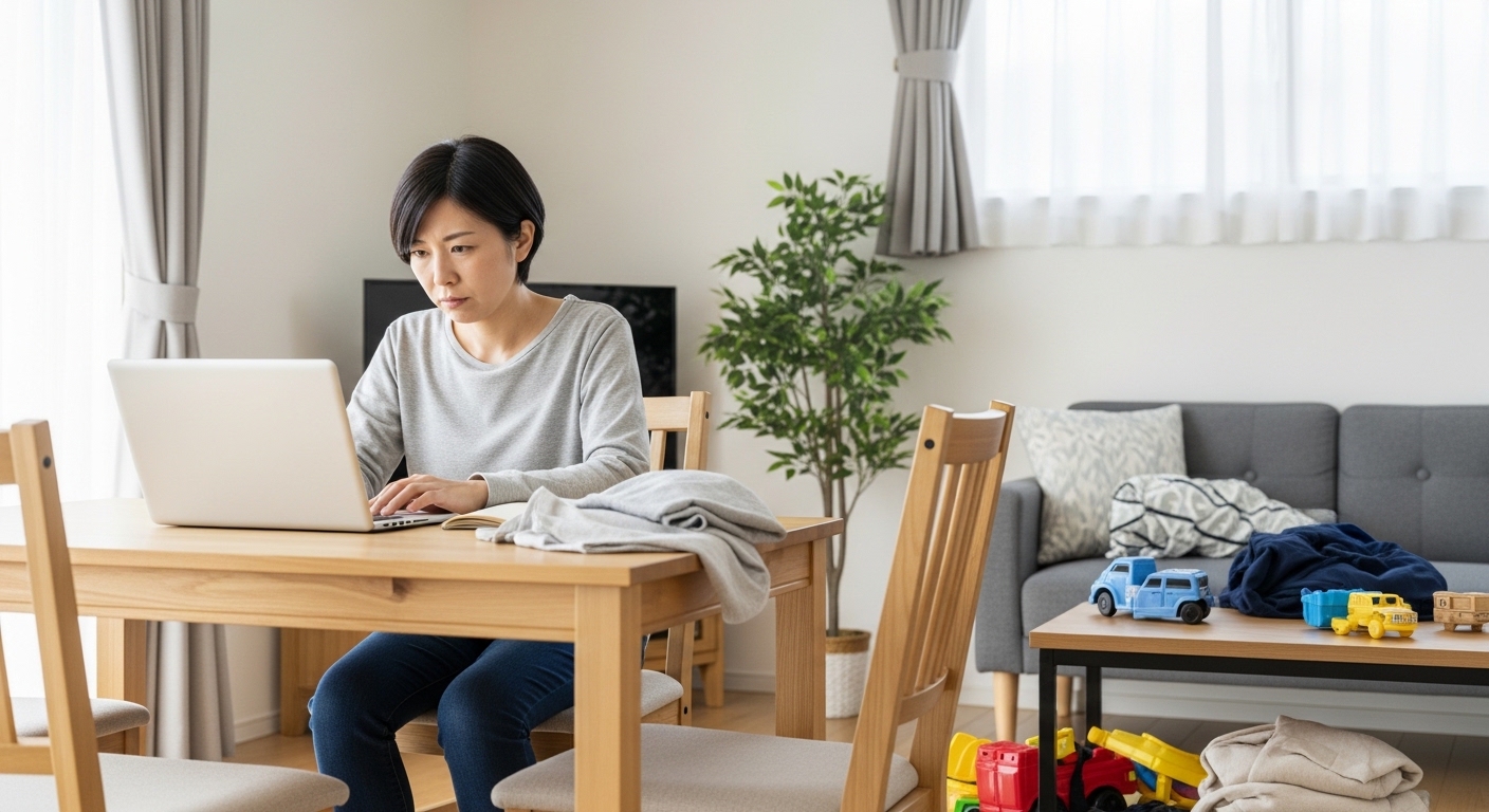 リビングのダイニングテーブルでノートパソコンを開いて仕事をしている人。周りには子どものおもちゃや洗濯物が散乱し、集中できずに困った表情を浮かべている