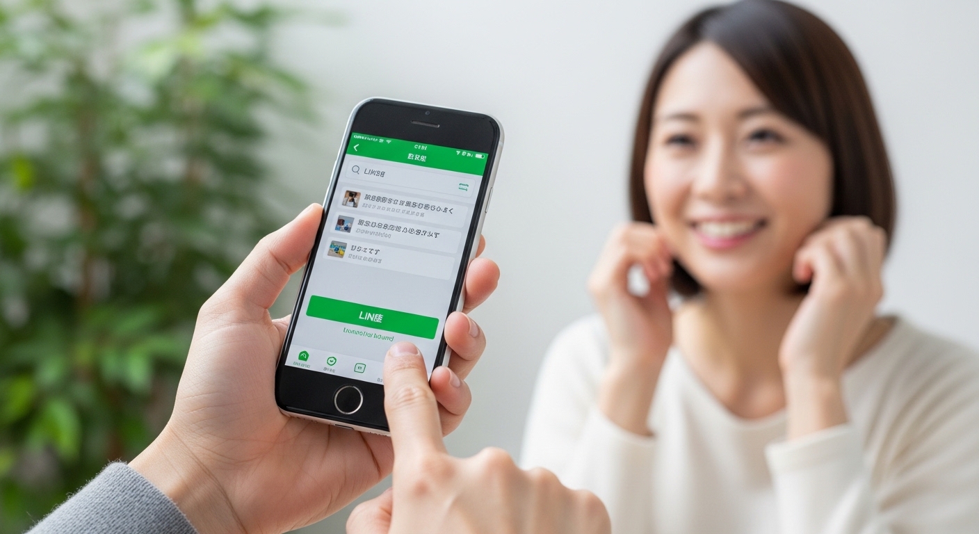スマートフォンでLINEアプリを開き、友だち追加ボタンをタップしようとしている手元のクローズアップ