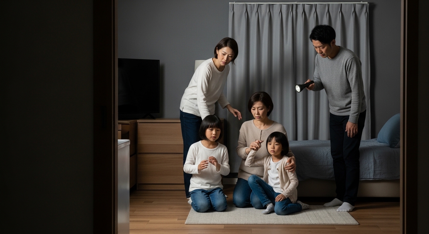 地震で停電した暗い部屋の中で、懐中電灯を探して慌てる家族の様子