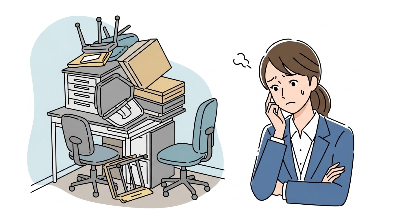 オフィスの片隅に積み上げられた余剰のデスクと椅子、困った表情で見つめる総務担当者