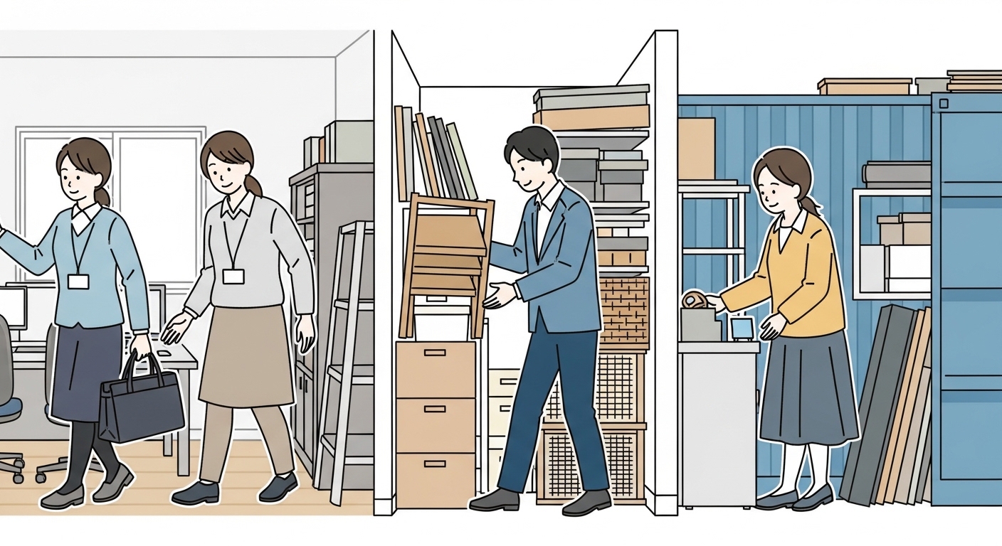 狭くなったオフィスの通路を塞ぐように置かれた余剰什器、避けながら通る社員たち