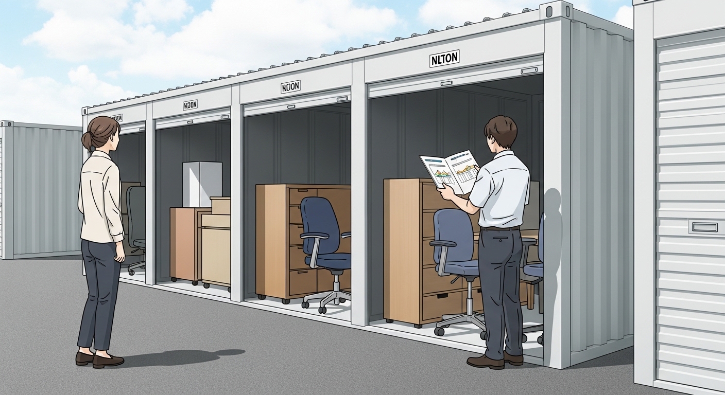 倉庫のような場所で整然と保管されているオフィス家具、管理表を確認する担当者