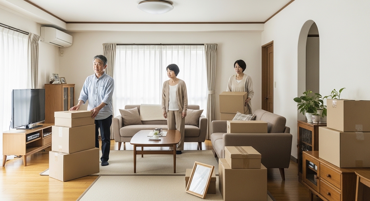 広い実家のリビングで、たくさんの家具や思い出の品に囲まれながら、引っ越しの準備をするシニア夫婦