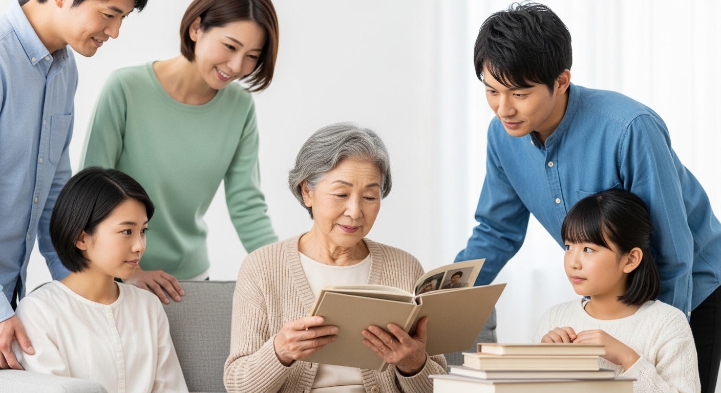 思い出のアルバムを手に取り、穏やかな表情で整理をする高齢女性と、それを見守る家族