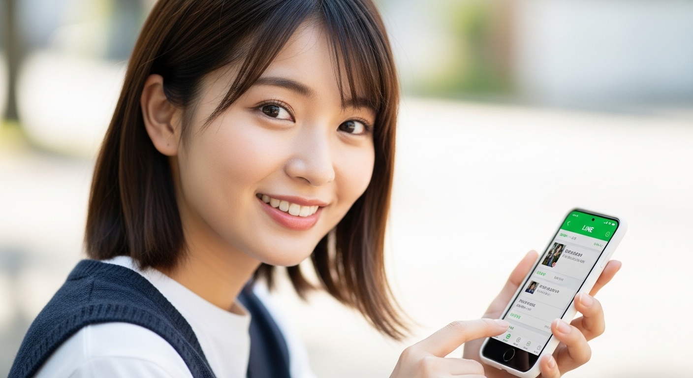 スマートフォンでLINEアプリを操作し、笑顔で相談をするシニア女性