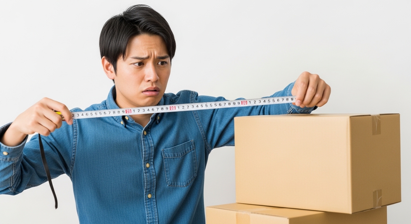 段ボール箱の山を前に、メジャーを持って困った表情でサイズを測ろうとする30代男性