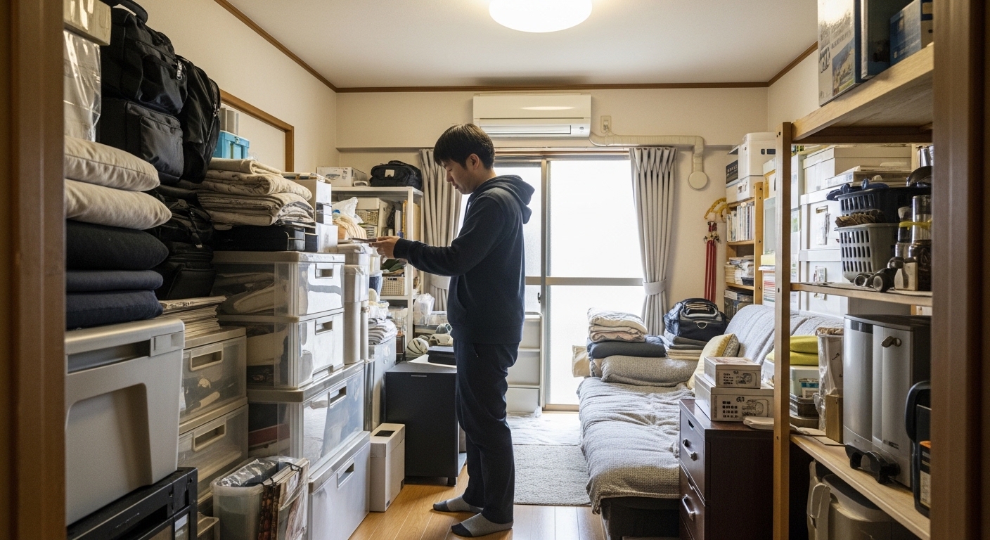 狭い部屋に荷物が積み重なり、生活スペースがほとんどない様子を表す室内写真