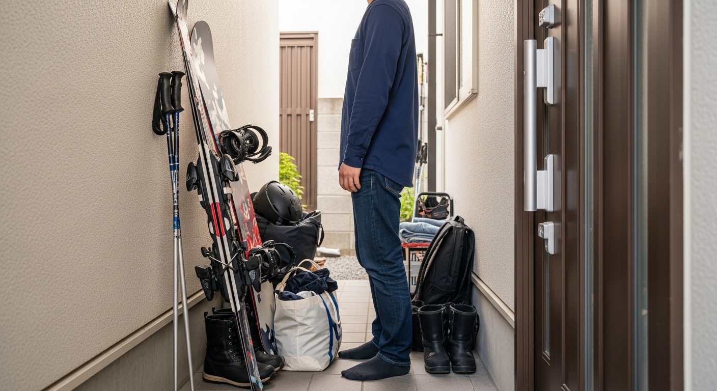狭い玄関の隅に立てかけられたスキー板とスノーボード、その横に積み上げられたブーツやウェアの入った袋で、通路が狭くなっている様子