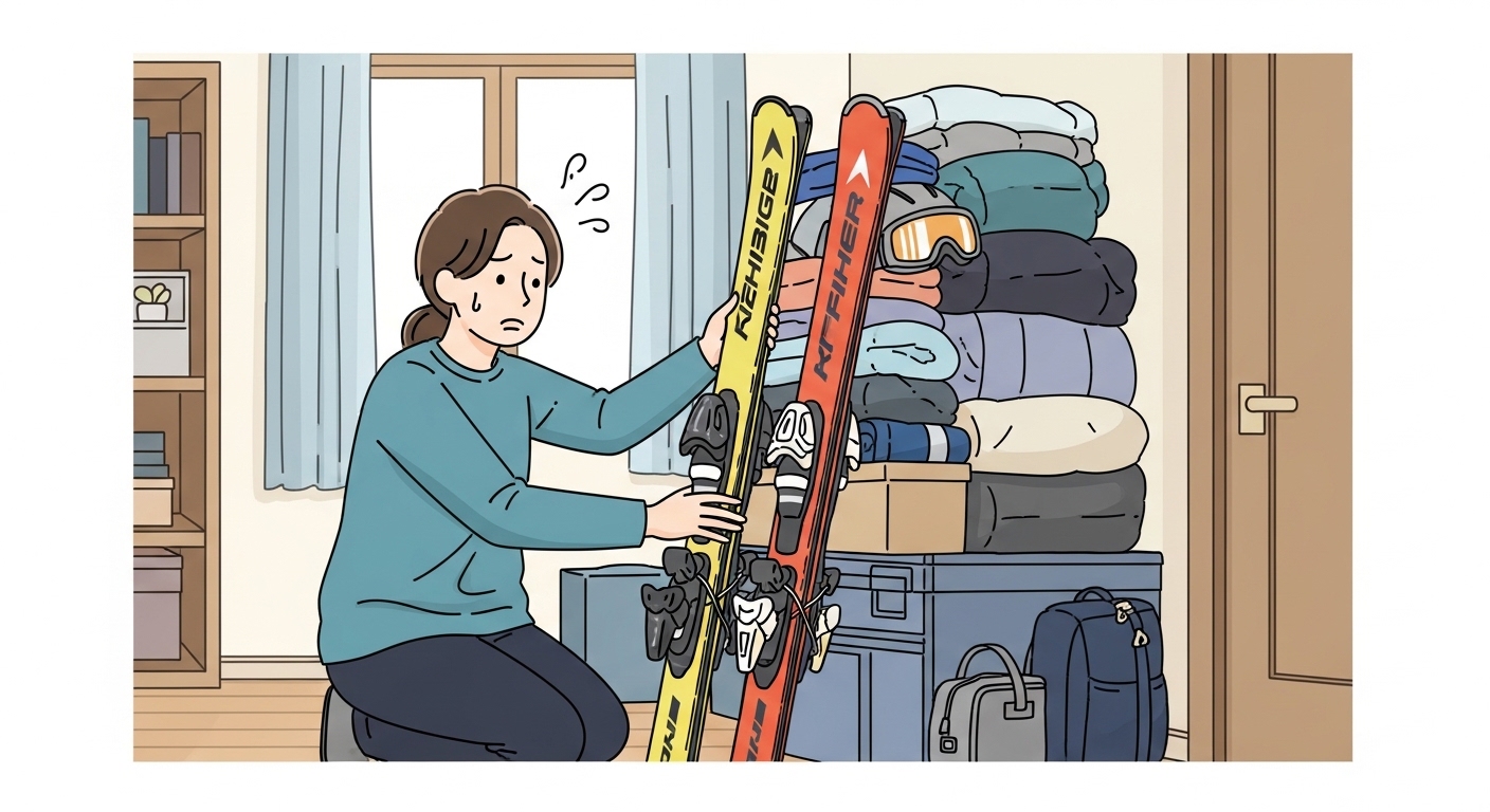 物で溢れた部屋の中で、イライラした表情で片付けをしようとしている人物。スキー用品が邪魔をして、他の物が取り出せない様子
