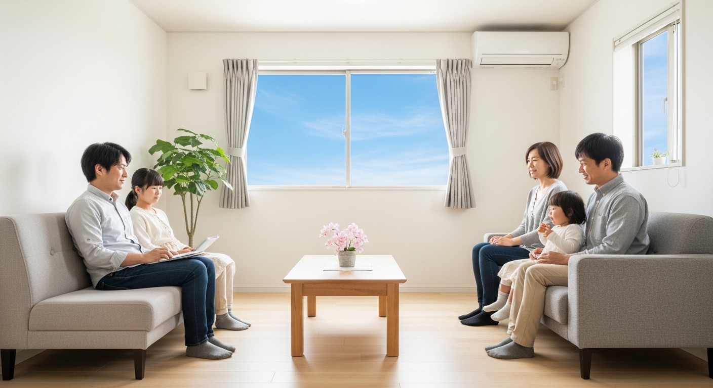 すっきりと片付いたリビングで、家族がくつろいでいる様子。窓の外には青空が広がり、開放的な雰囲気