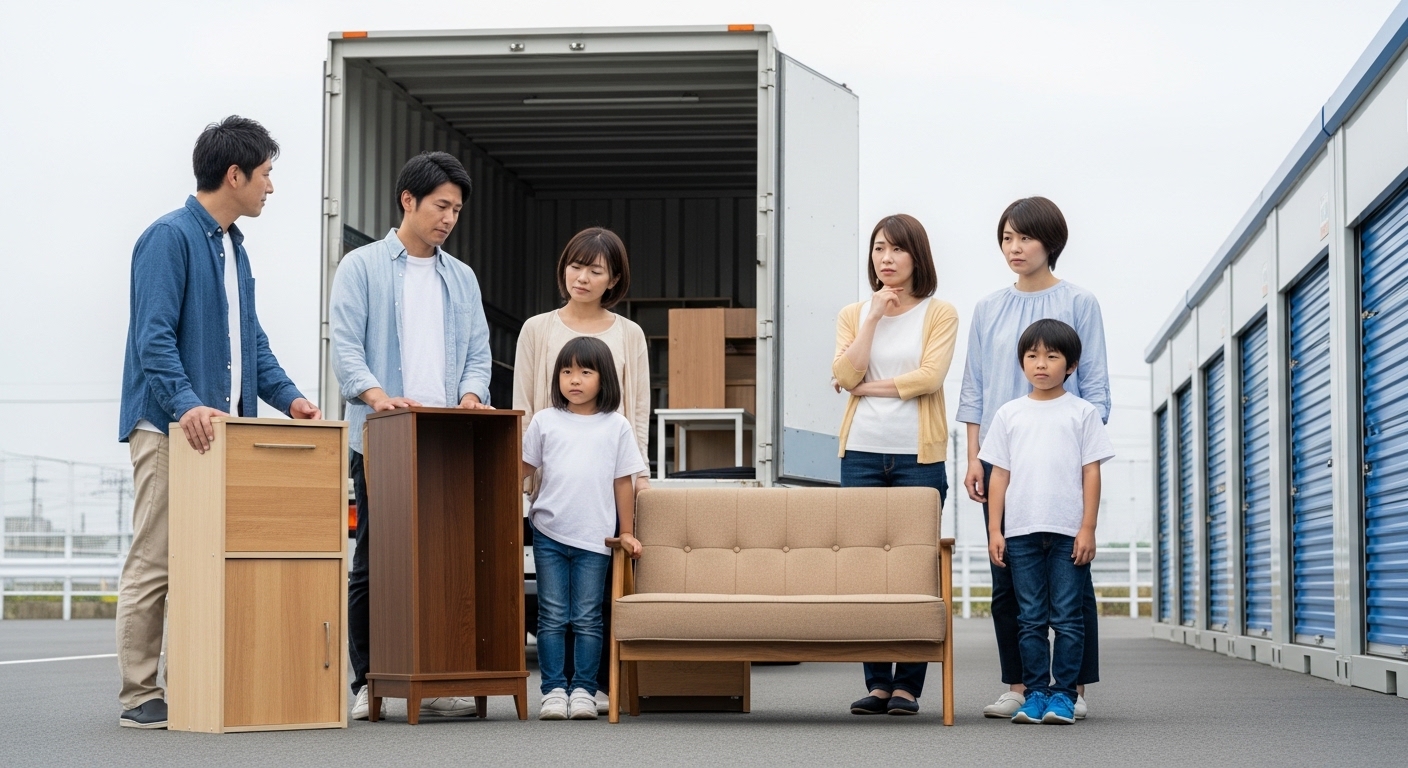 引っ越し業者のトラックの前で、処分する家具を見つめる家族。表情には後悔と諦めが混じる