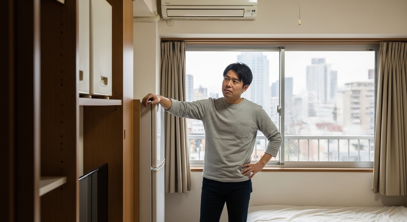 狭いワンルームの部屋に立ち、大型家具の配置に頭を抱える30代男性。窓から見える都市の風景