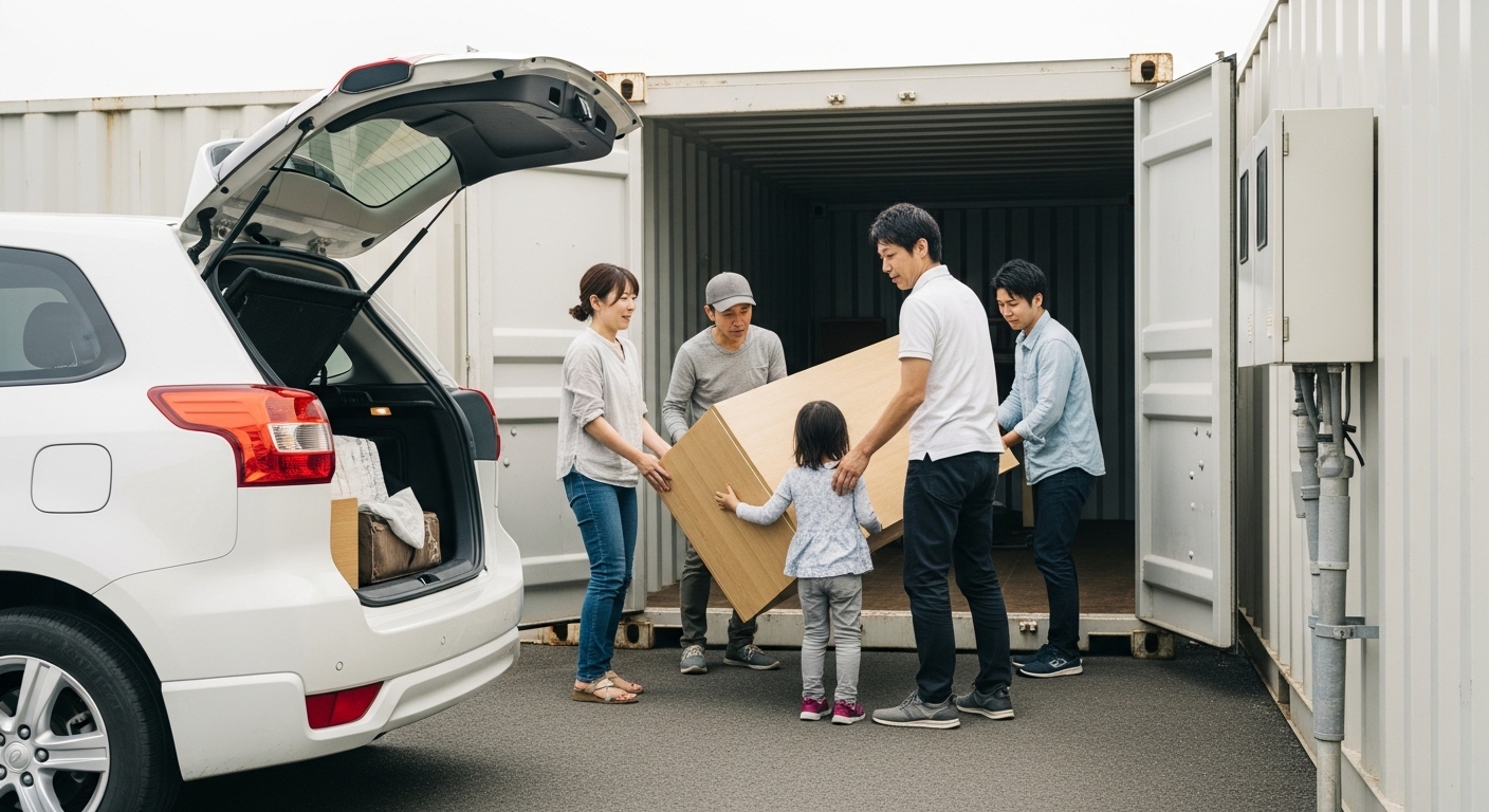 屋外に設置されたコンテナ型トランクルームの前で、大型家具を運び入れる準備をする家族。車のトランクが開いている