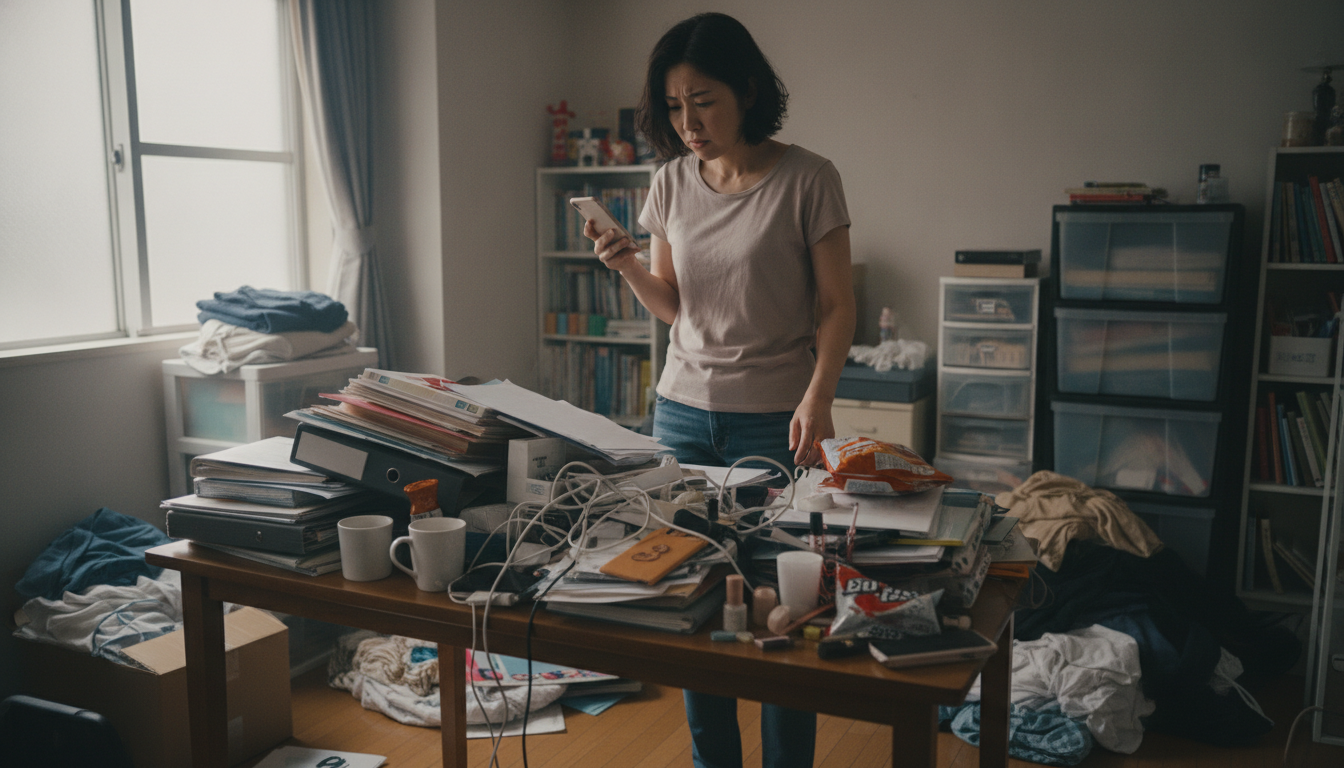 散らかった部屋の中で、スマホを片手に探し物をしている疲れた表情の30代女性。テーブルには書類や小物が山積み