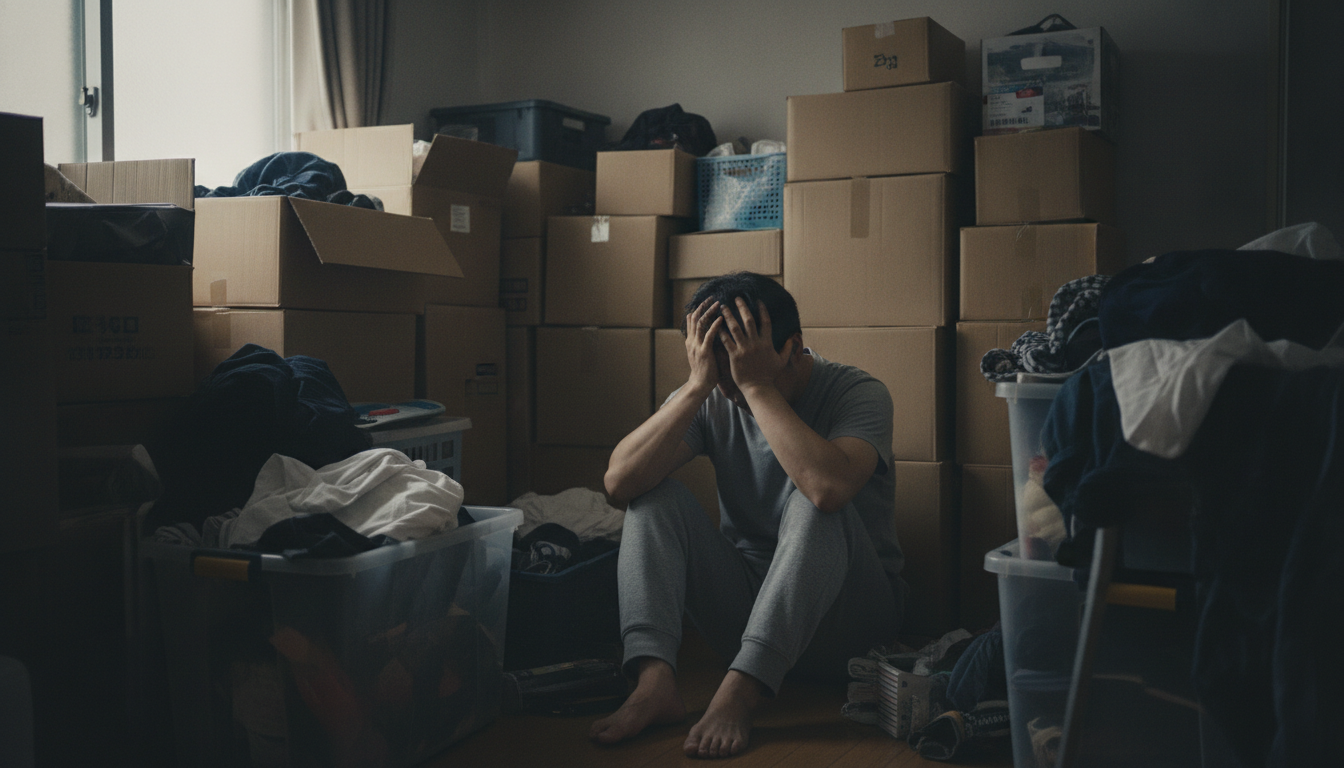 散らかった部屋で頭を抱える男性。背景にはさらに積み上がった荷物と段ボール箱