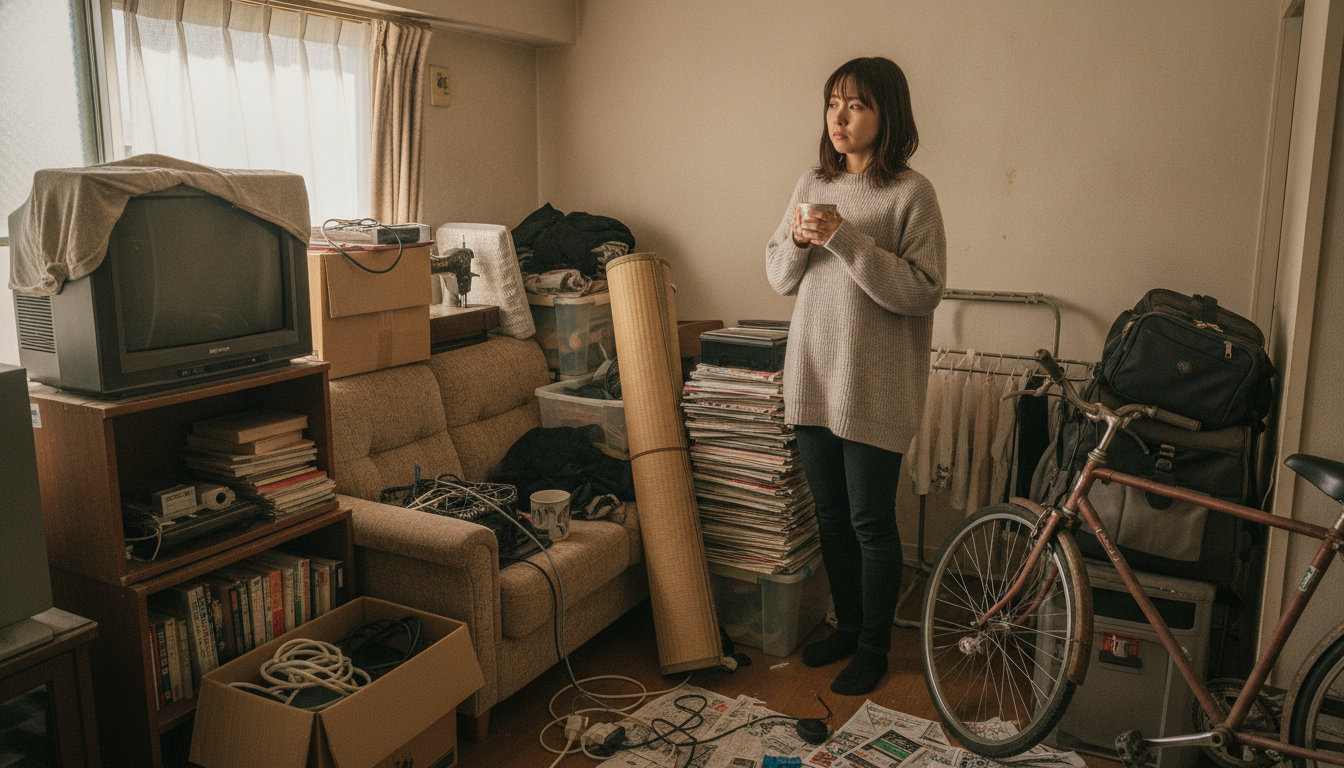 リビングの隅に使わない家具や家電が積み重なって生活スペースが狭くなっている部屋