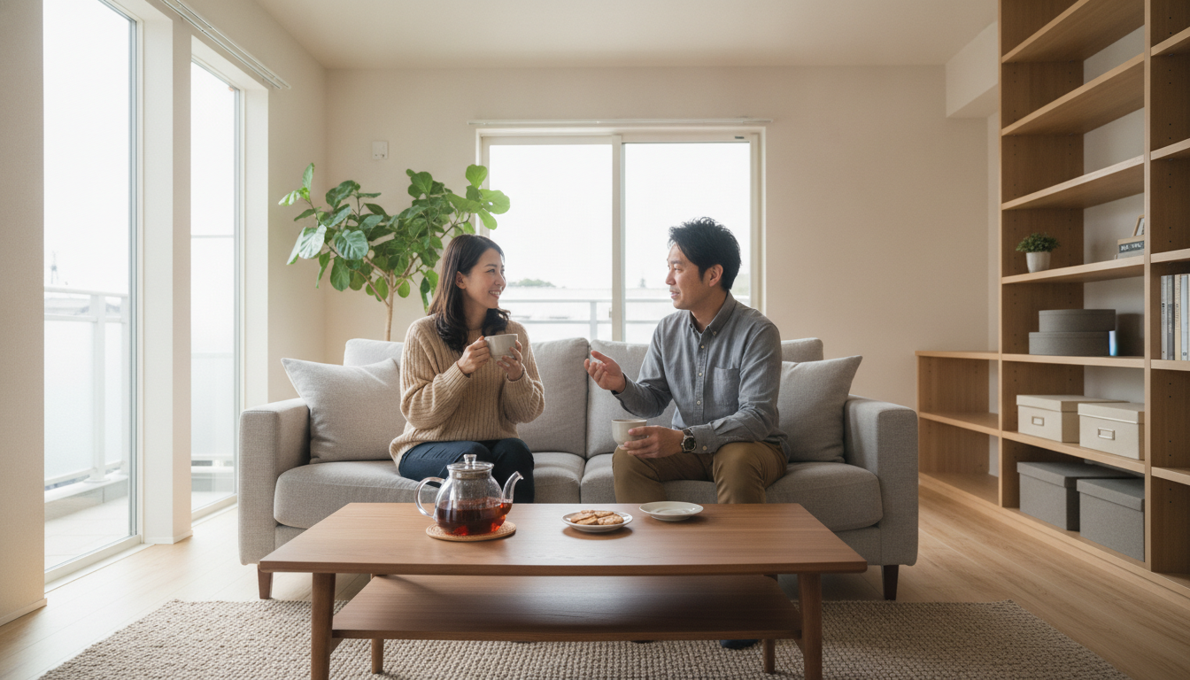 夫婦がリビングで紅茶を飲みながらゆったり話している、広々とした新居の風景