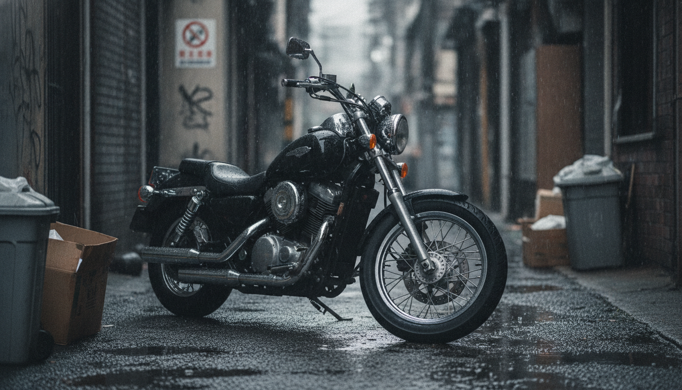 屋外の通路脇にカバーをかけずに停められたバイクが雨に濡れている様子