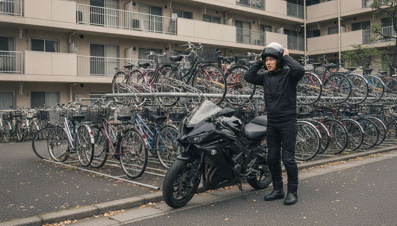 アパートの駐輪場の前で自分のバイクを停める場所がなく困った表情で見回している若い男性ライダー