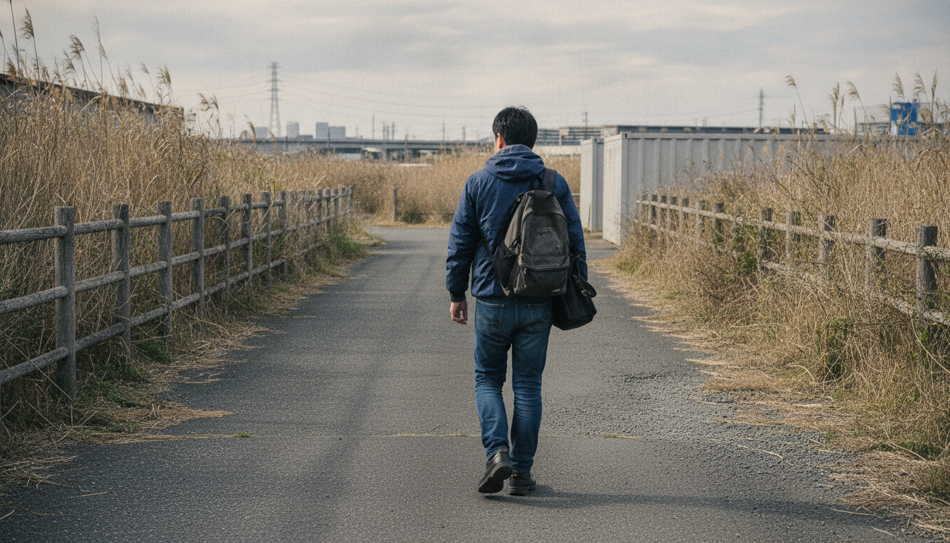 自宅から少し離れた場所にあるバイクの保管場所まで歩いて向かう男性の後ろ姿