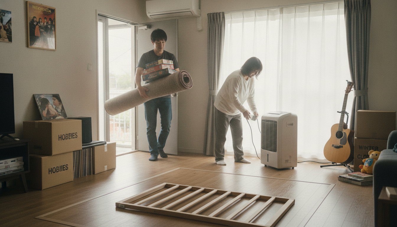 リビングから大人の趣味の道具や季節家電を運び出し、ベビーベッドを置くための広いスペースを確保する夫婦
