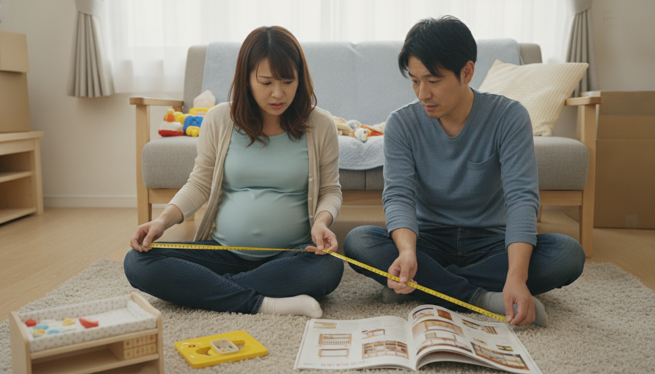 リビングでベビー用品のカタログを広げ、メジャーで床のサイズを測りながら困った表情を浮かべる妊娠中の女性とパートナー