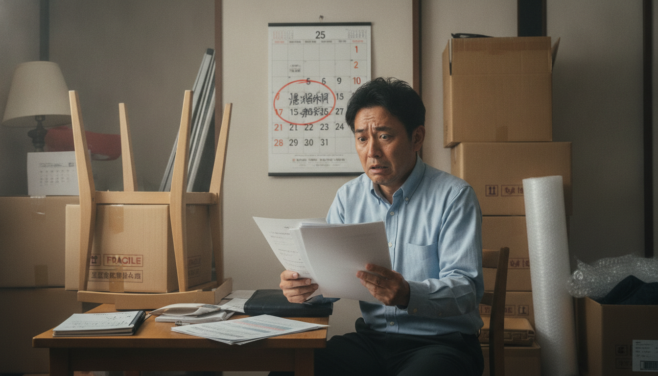 壁にかかったカレンダーの明け渡し期限の日付に赤丸がつけられ、その手前で焦った表情で書類を見つめる中年男性。背景には未整理の家具と段ボールの山