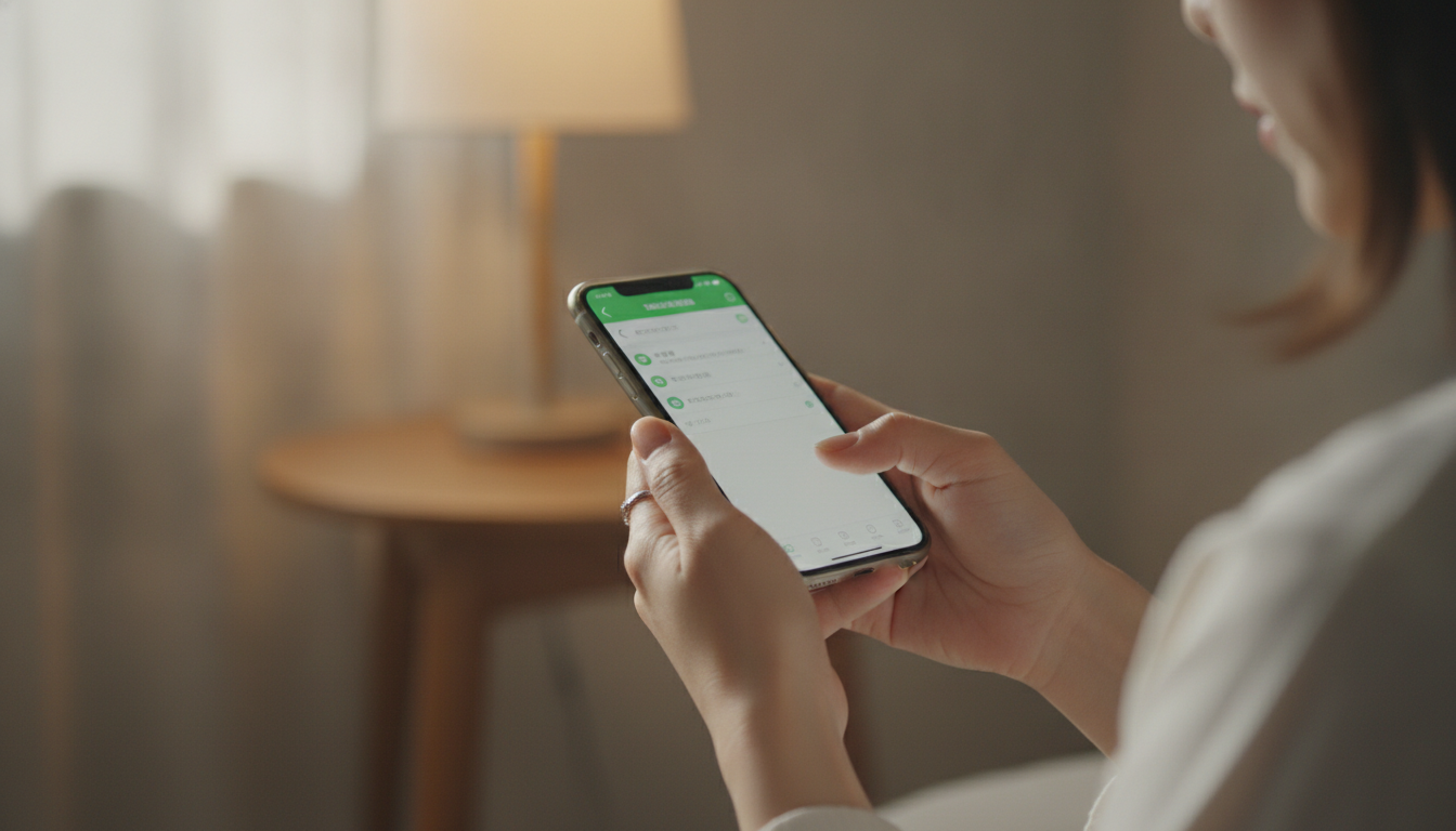 スマートフォンを手に持ち、LINEのトーク画面を開いて問い合わせをしようとしている女性の手元。柔らかな室内の光