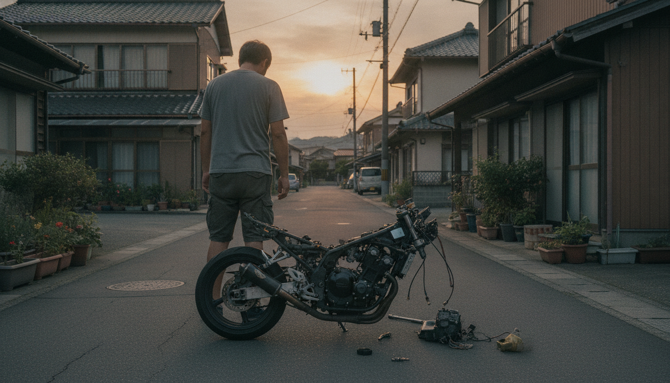 住宅街の路上に、シートも外され部品を一部外された状態で放置されているバイクの残骸。所有者が呆然と立ち尽くしている後ろ姿