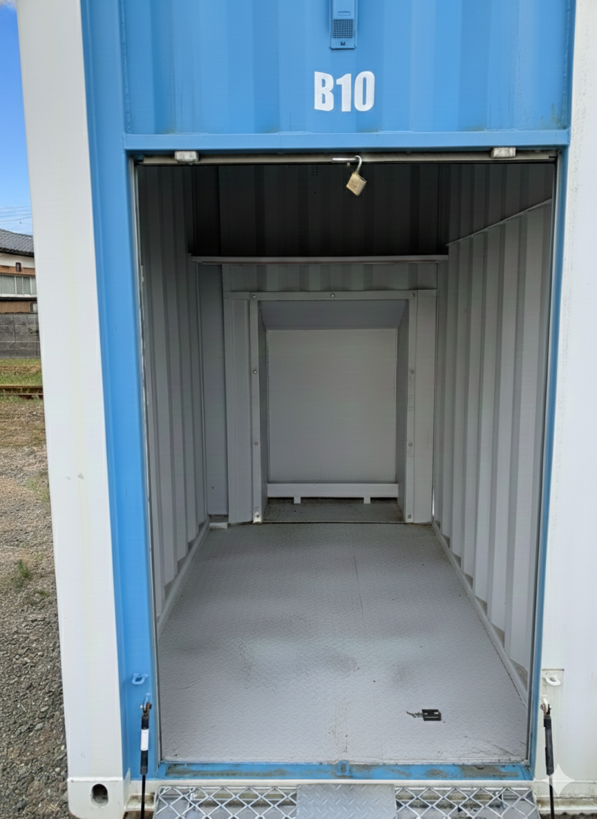 屋外に整然と並ぶコンテナ型トランクルーム。手前のコンテナのシャッターが開けられ、車を横付けしてバイクを降ろしている男性の後ろ姿。晴天の日中
