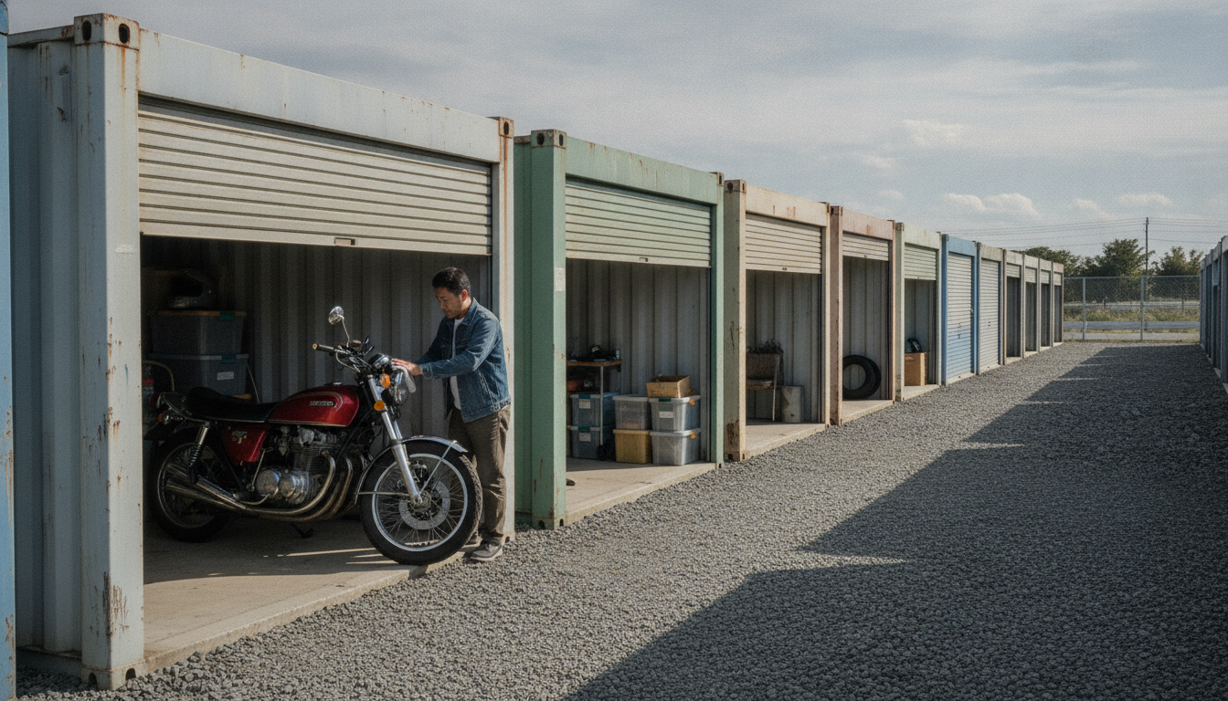 広い敷地に並んだ屋外コンテナ型のガレージ。シャッターが開けられ、その中にバイクが停められている。日中の明るく落ち着いた雰囲気
