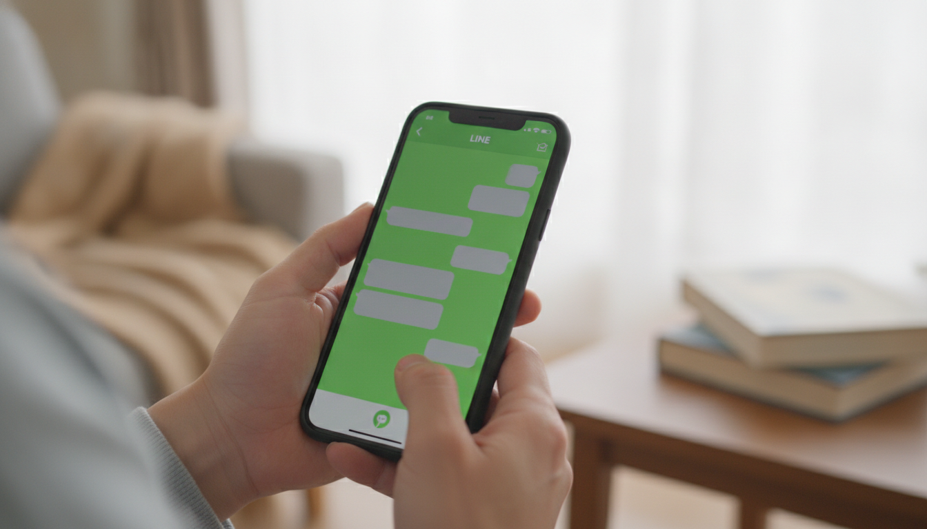 スマートフォンでLINEのトーク画面を開いている人物の手元のクローズアップ。明るく親しみやすい室内の雰囲気