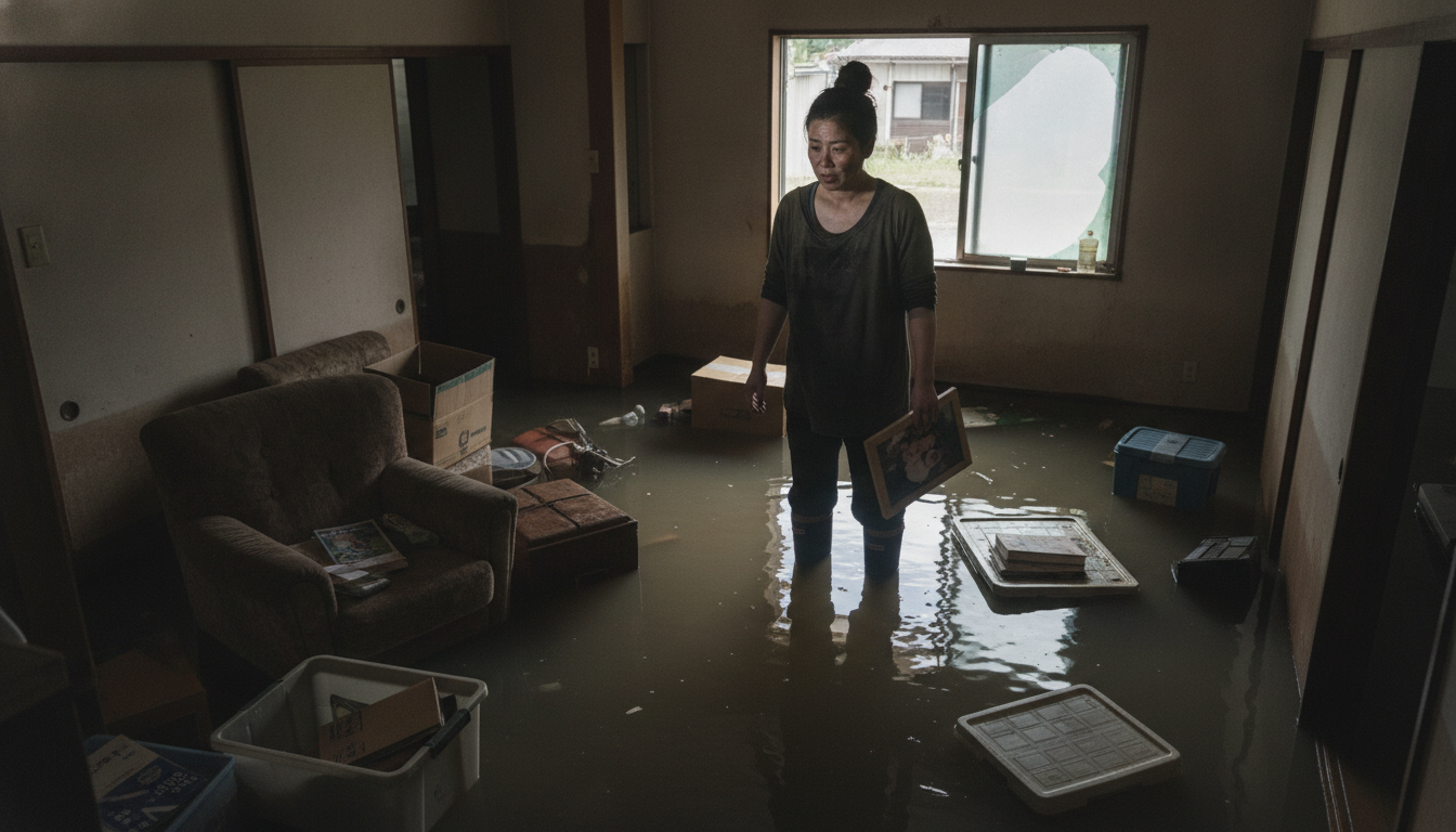 床上浸水した住宅の1階部分で、水に浸かった家財道具や段ボールが散乱している様子