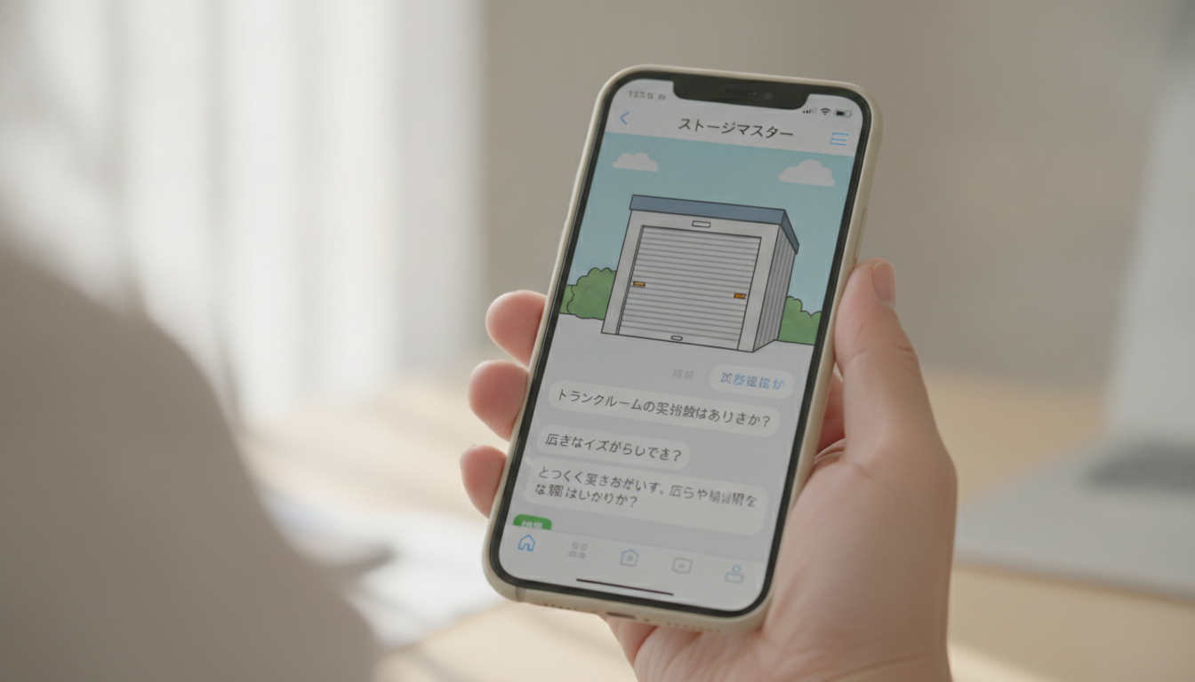 スマートフォンでLINEのトーク画面を開き、トランクルームの空き状況を問い合わせている人物の手元のアップ
