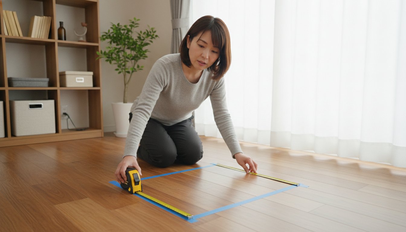 メジャーを片手にリビングの床にマスキングテープで四角い枠を作り、サイズ感を確認している30代の女性
