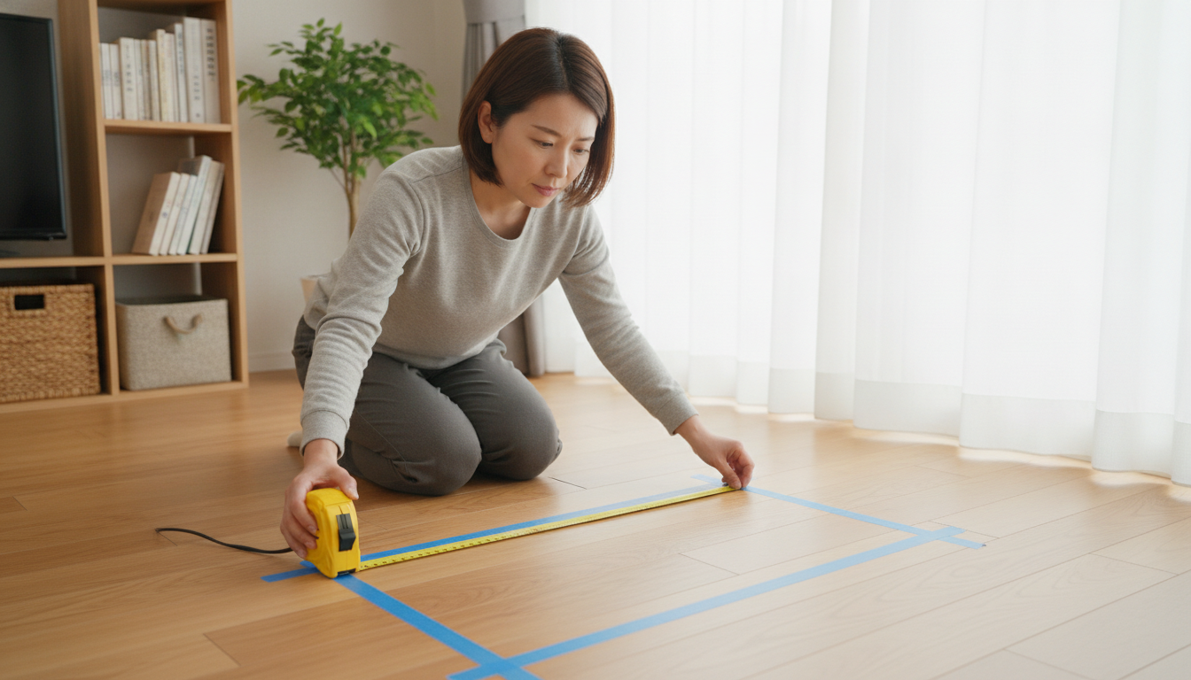 メジャーを片手にリビングの床にマスキングテープで四角い枠を作り、サイズ感を確認している30代の女性