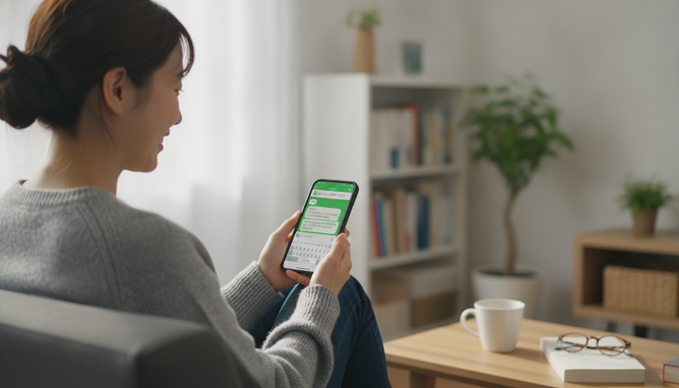 スマートフォンでLINE画面を開き、トランクルームの空き状況を問い合わせている30代の女性のリラックスした様子