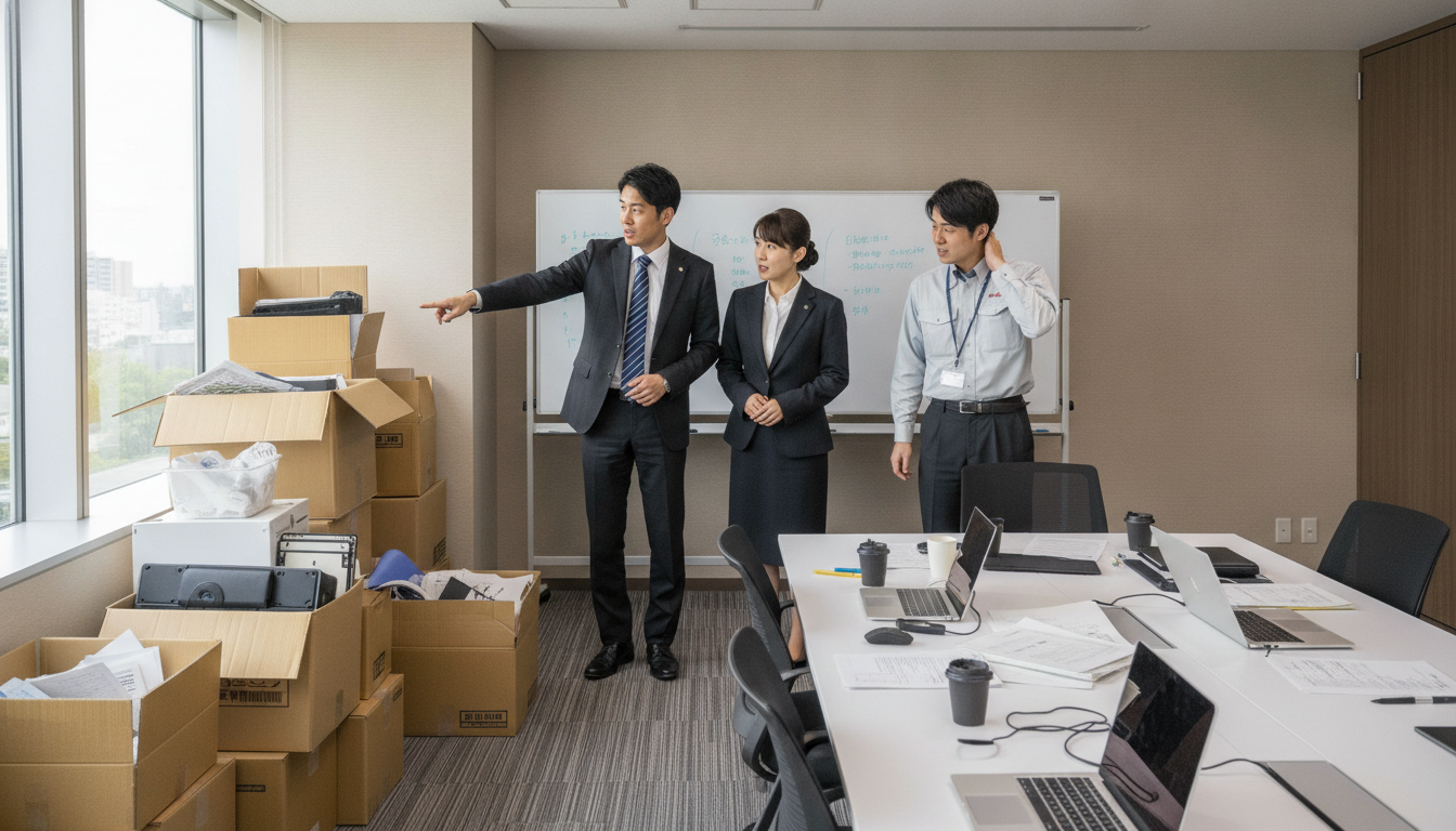 スーツを着た来客の男女が会議室に案内され、部屋の隅に積まれたダンボールに気付いて視線を向けている場面。案内する側の社員がやや気まずそうな表情をしている
