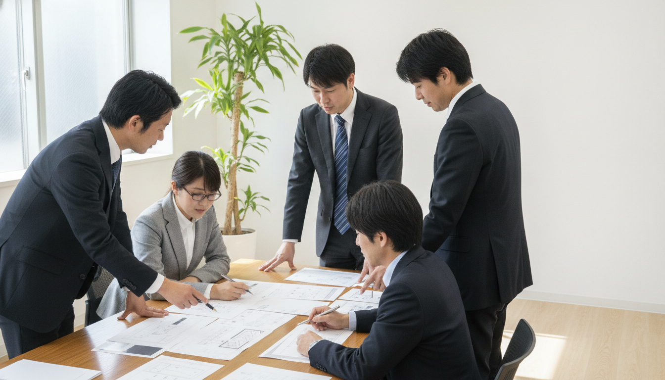 片付いた会議室で商談中のビジネスパーソン数名。テーブルには資料が広げられ、部屋の隅はすっきりと空いていて、壁際に観葉植物が置かれている明るい雰囲気