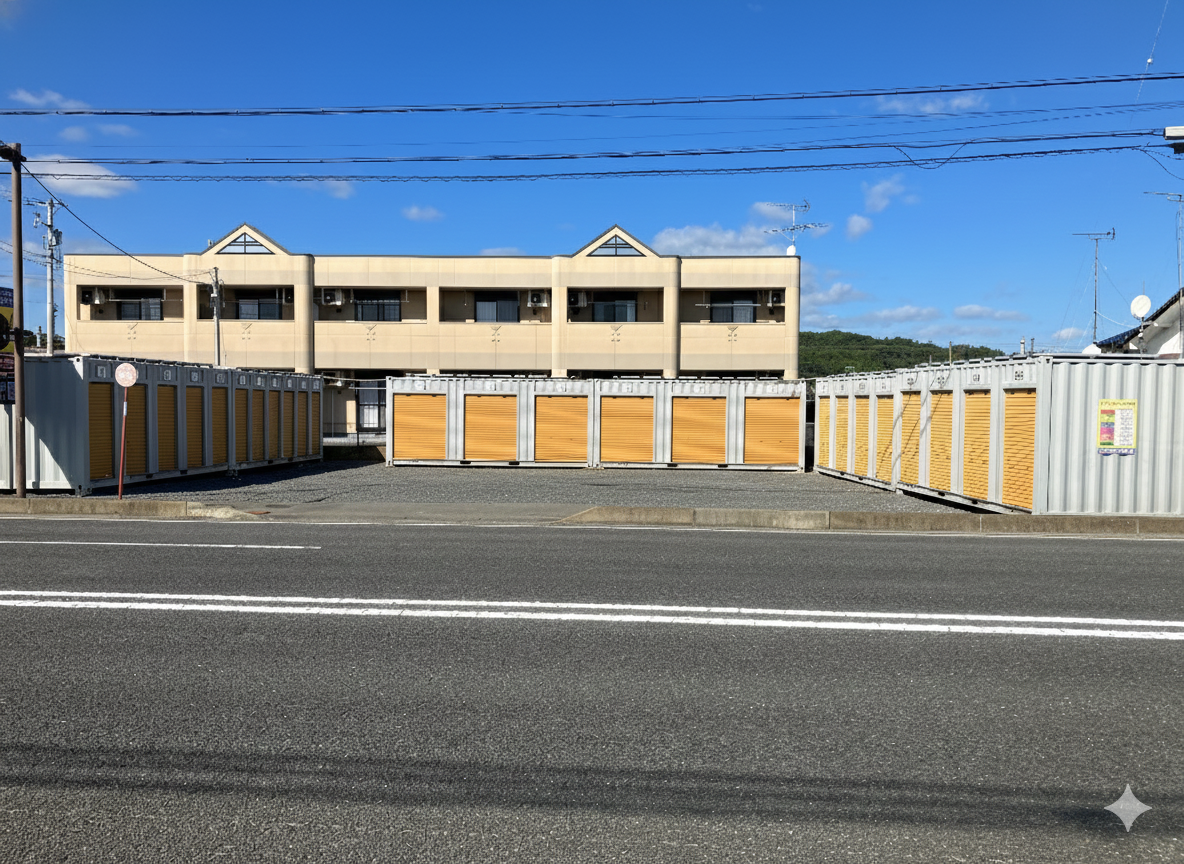 屋外に整然と並んだシルバーのコンテナ型トランクルーム。手前でシャッターを開けた社用車から、スーツ姿の男性がダンボールを運び入れている。晴れた日の駐車スペース