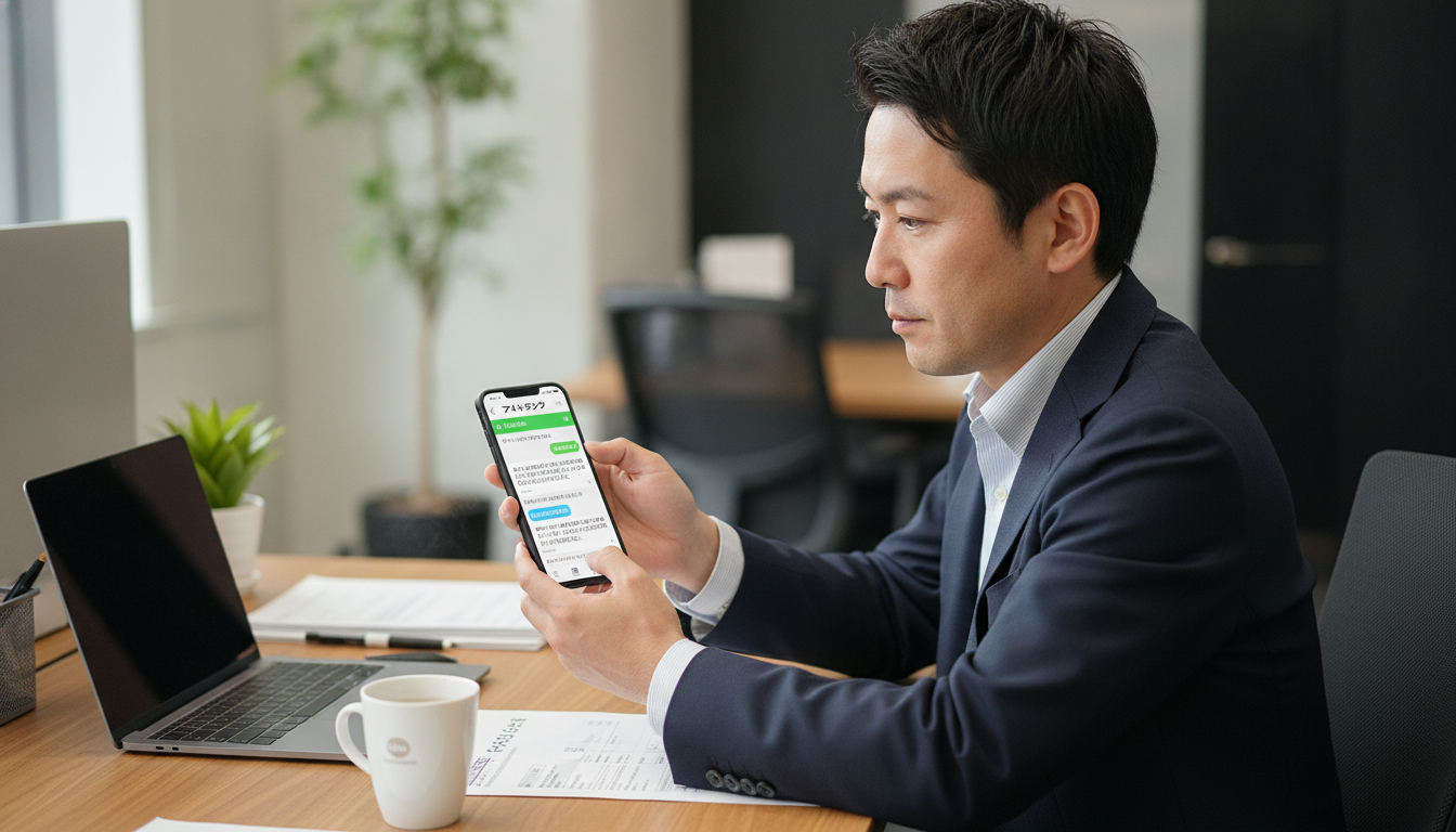 スマートフォンでLINEの画面を開き、トランクルームの空き状況を確認している法人担当者。オフィスのデスクの上にはノートパソコンとコーヒーカップが置かれている
