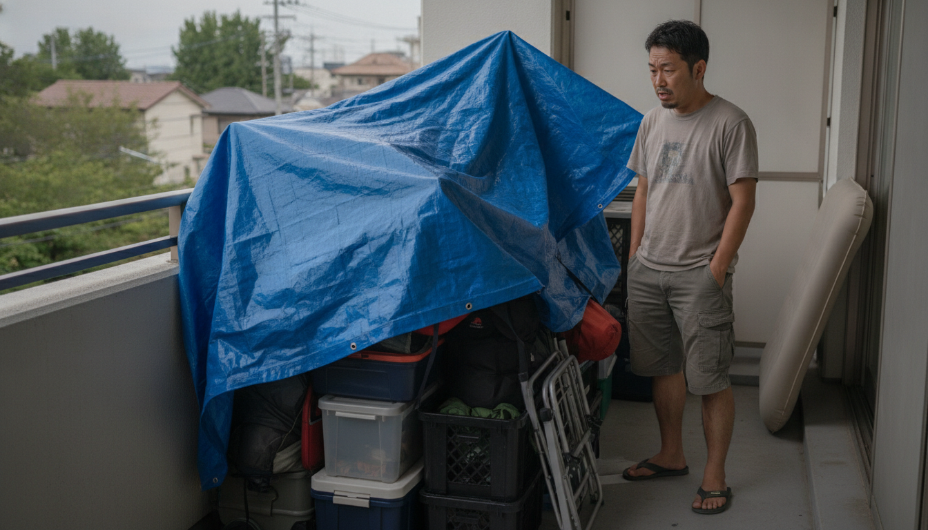 ベランダにブルーシートをかけて放置されたキャンプ用品を、ため息をつきながら眺める父親