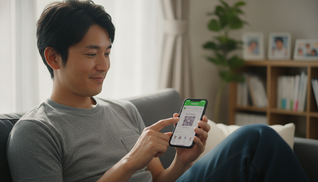 スマートフォンでLINEの友だち追加画面を見ている、リラックスした表情の30代の父親