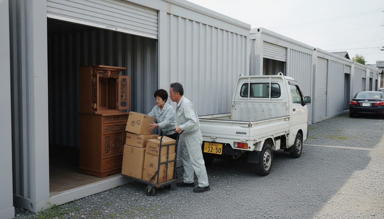屋外に整然と並んだシルバー色のコンテナ型トランクルーム。手前のコンテナのシャッター（ロールアップドア）が開いていて、軽トラックを横付けし、段ボール箱や木製の仏壇を運び込む作業をしている中年の男女