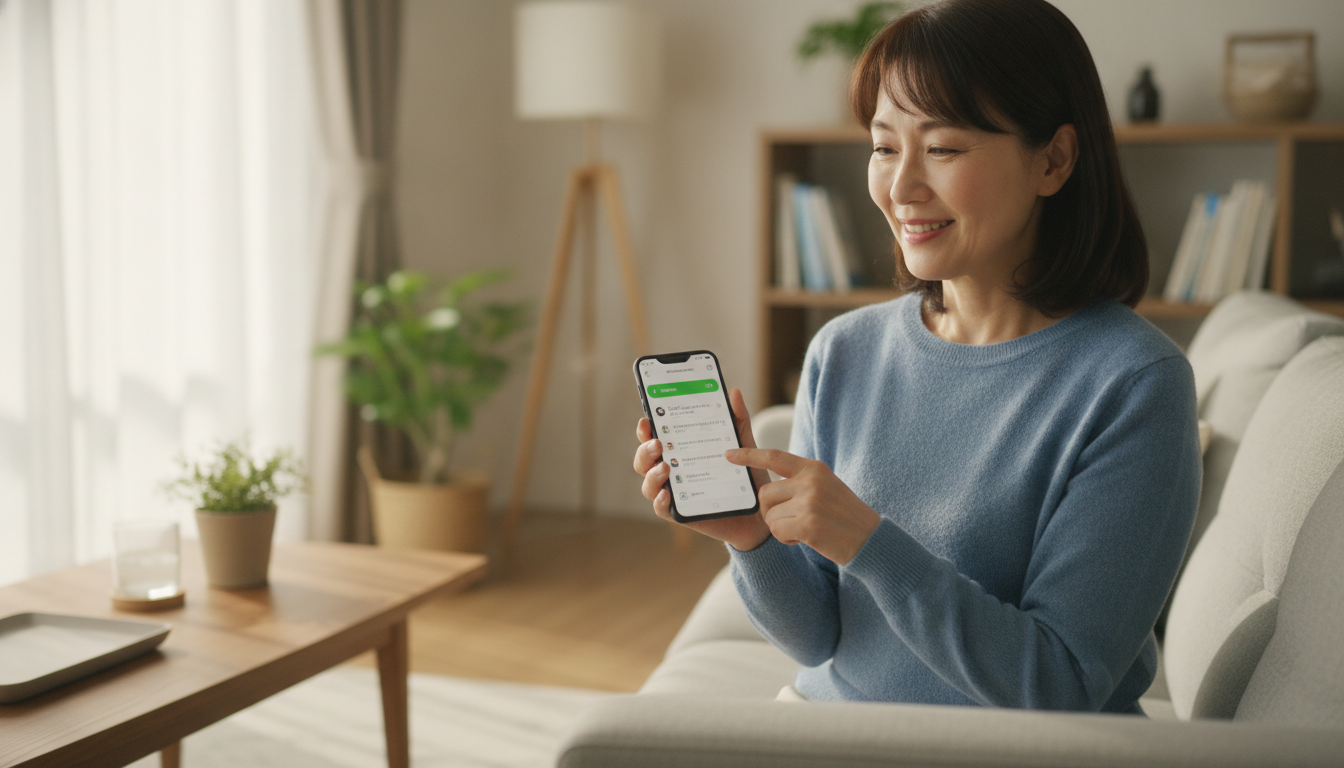 スマートフォンを手に、明るいリビングでLINE画面を見ながら微笑む50代の女性。窓からの自然光が入り、リラックスした雰囲気で相談している様子