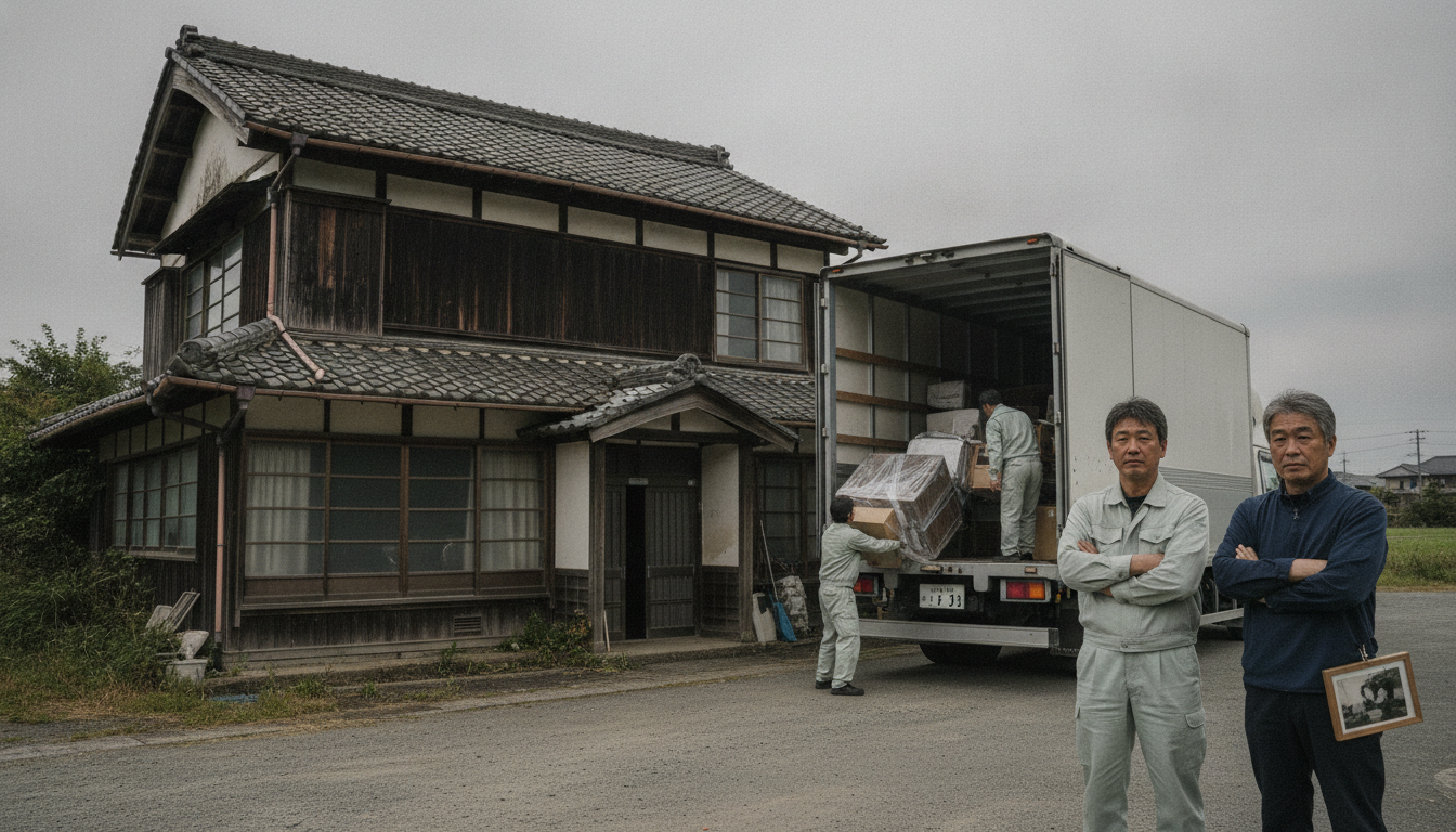 解体を待つ古い実家の前に停まったトラック。作業員が家財を運び出している様子を、遠くから複雑な表情で見つめる中年の兄弟。曇り空の下、少し寂しげな雰囲気