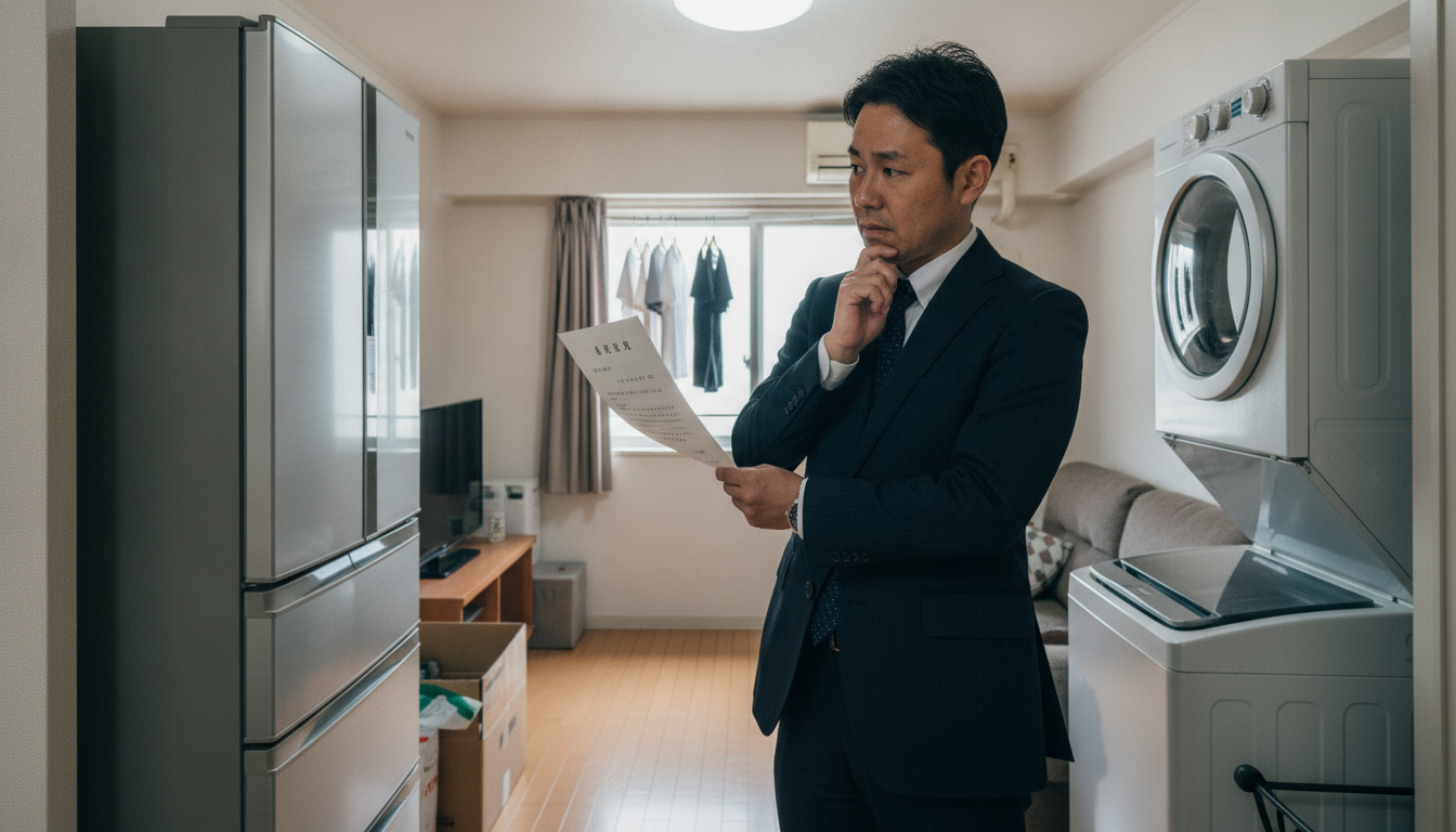 辞令の書類を前に、リビングの冷蔵庫と洗濯機を見比べながら考え込むスーツ姿の男性