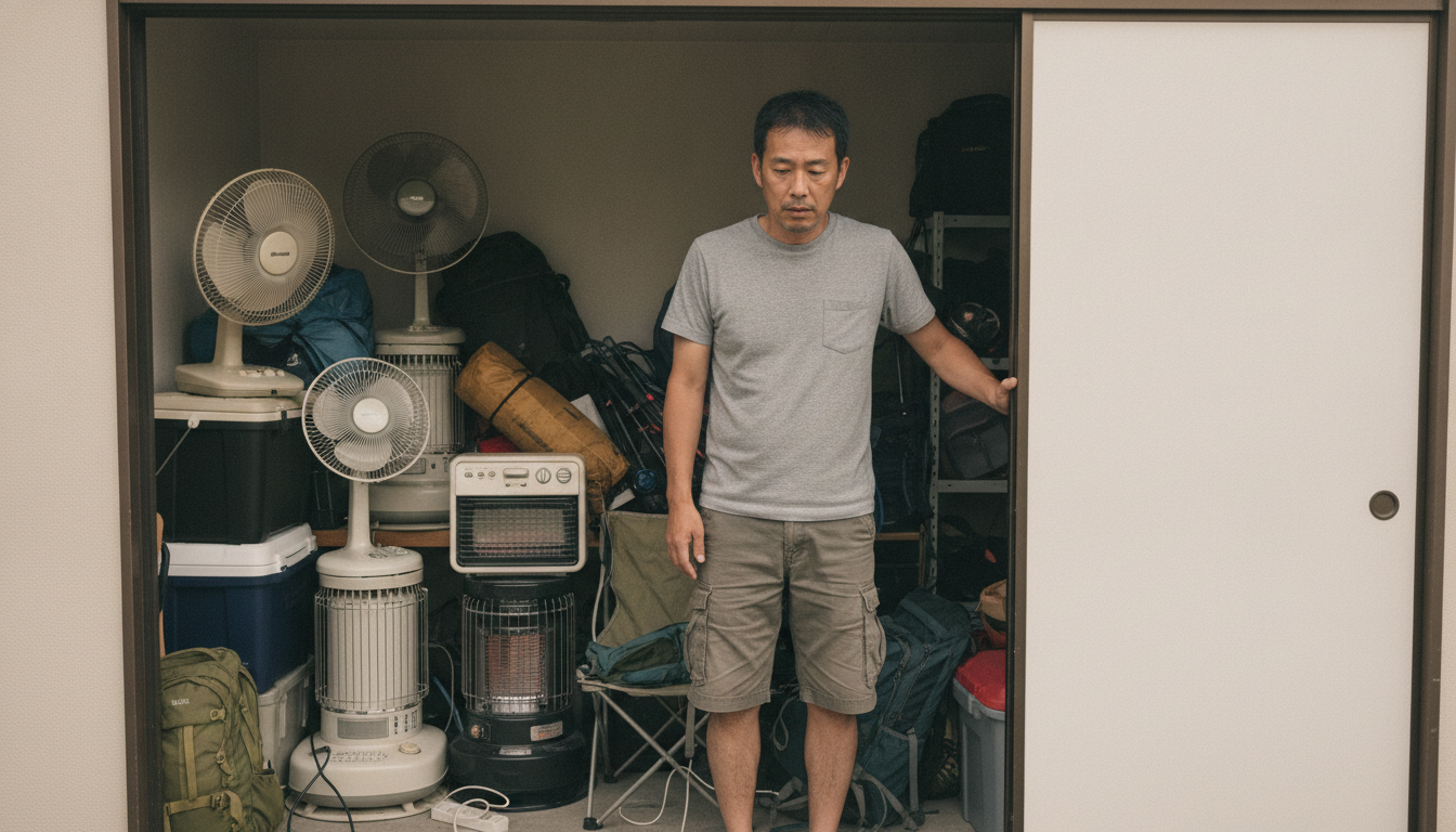物置部屋の扉を開けて、山積みになった扇風機・ストーブ・キャンプ道具を眺めて途方に暮れる30代の男性