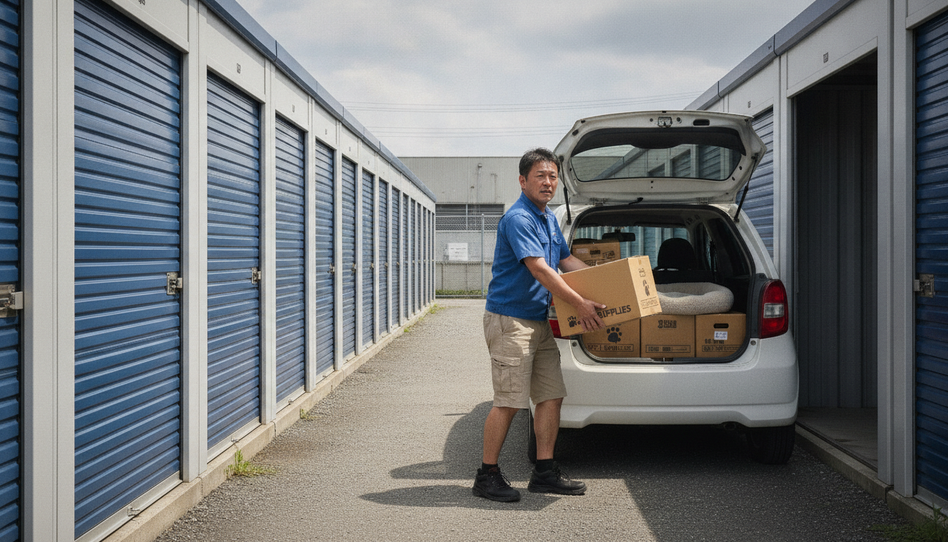 屋外に並んだコンテナ型トランクルームの前に車を横付けして、ペット用品の段ボール箱を積み込んでいる飼い主の様子